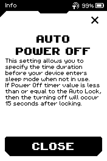 Auto power off info page describing the 15-second rule