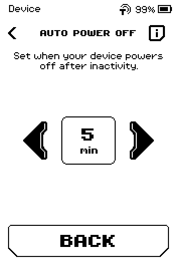 Auto power off page showing 5 min between two arrows, bottom button BACK