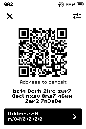 Deposit screen on Bitcoin-only firmware: QR code, a bc1q address and the Address-0 m/84'/0'/0'/0/0 button, no network name in the header.