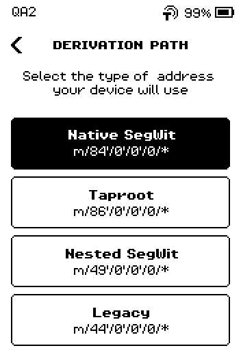 DERIVATION PATH on Bitcoin-only firmware: Native SegWit, Taproot, Nested SegWit and Legacy with their paths; no i button in the header.
