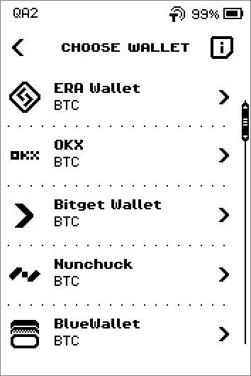 CHOOSE WALLET on Bitcoin-only firmware, two pages: ERA Wallet, OKX, Bitget Wallet, Nunchuck, BlueWallet, Sparrow, LetsExchange, Generic BTC, Multichain.