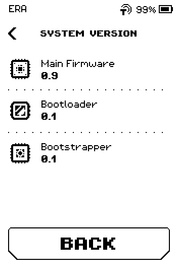 SYSTEM VERSION on Bitcoin-only firmware: Main Firmware 0.9, Bootloader 0.1, Bootstrapper 0.1, no ERA Lens row, BACK button.