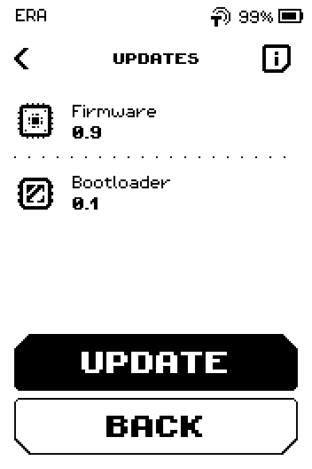 UPDATES page on Bitcoin-only firmware: Firmware 0.9 and Bootloader 0.1, no ERA Lens Database row, UPDATE and BACK buttons.