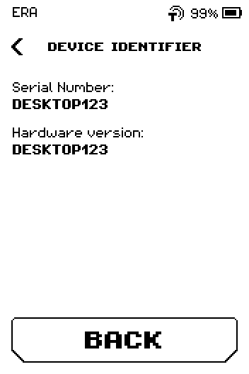 DEVICE IDENTIFIER page with Serial Number and Hardware version