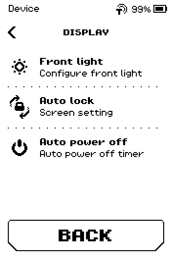 Display menu: Front light, Auto lock, Auto power off
