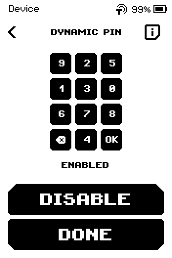 DYNAMIC PIN page with a shuffled keypad preview, ENABLED, and the DISABLE and DONE buttons