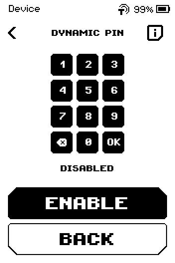 DYNAMIC PIN page with an ordered keypad preview, DISABLED, and the ENABLE and BACK buttons