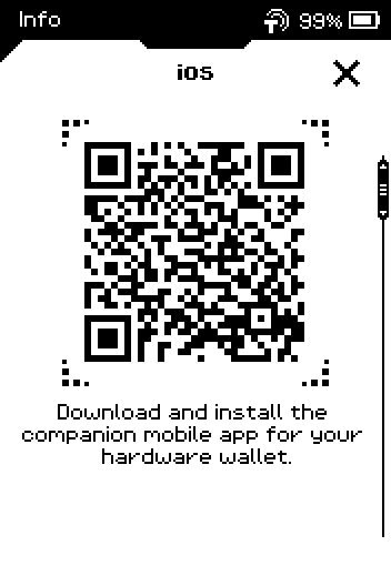 Info page with the iOS app store QR code