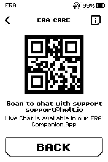 ERA CARE page with support QR code and support@hwlt.io