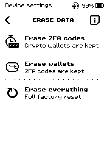 ERASE DATA menu: Erase 2FA codes, Erase wallets, Erase everything