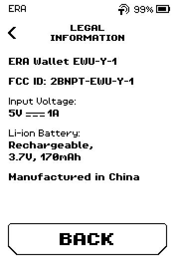 LEGAL INFORMATION page with model, FCC ID, voltage and battery