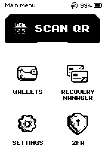Main menu with SCAN QR, WALLETS, RECOVERY MANAGER, SETTINGS and 2FA