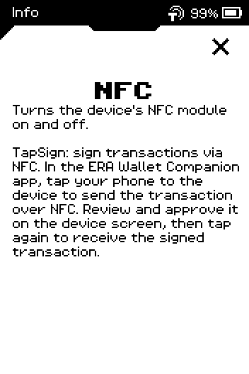 Info page: NFC turns the module on and off; TapSign signs transactions via NFC