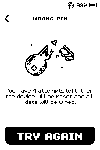 WRONG PIN page: You have 4 attempts left, then the device will be reset and all data will be wiped