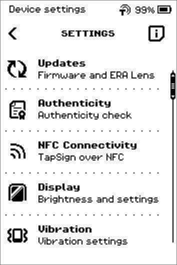 Settings list paging from Updates … Vibration to Device password … ERA Care