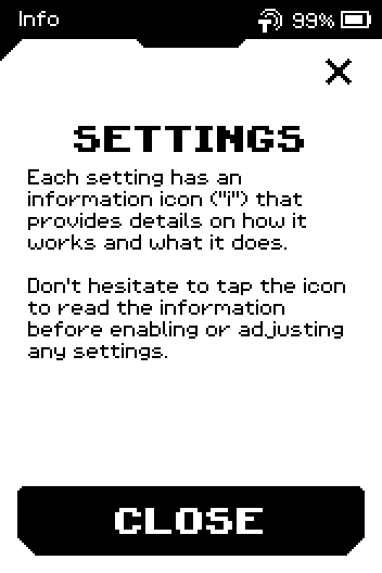 Settings info page: each setting has an information icon