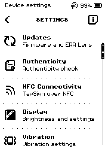 SETTINGS list, first page: Updates, Authenticity, NFC Connectivity, Display, Vibration.