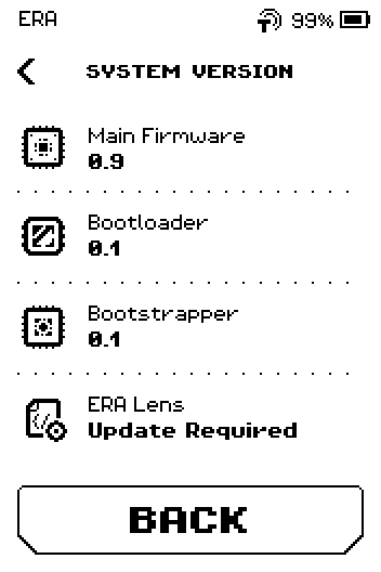 SYSTEM VERSION list: Main Firmware, Bootloader, Bootstrapper, ERA Lens