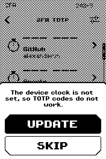 Panel over the 2FA list: The device clock is not set, so TOTP codes do not work, with UPDATE and SKIP buttons