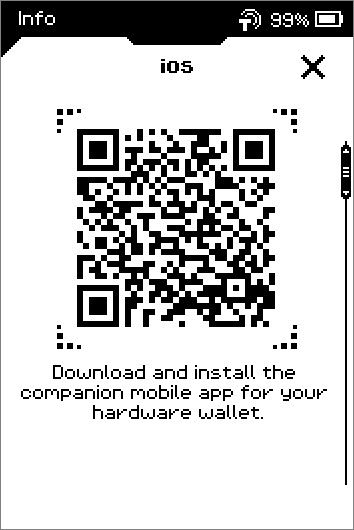 Info pages: iOS and Android app QR codes, then DOWNLOAD UPDATES text