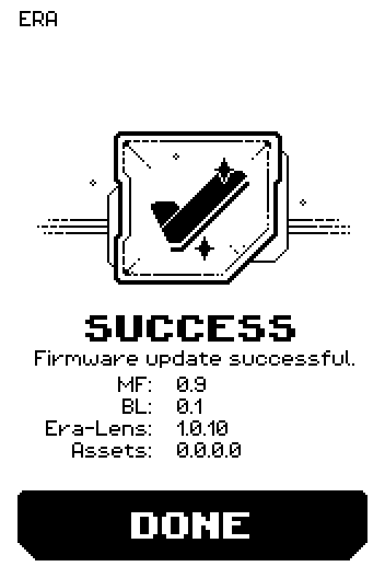 SUCCESS page with a check-mark badge, the text Firmware update successful, the version list MF / BL / Era-Lens / Assets and a DONE button