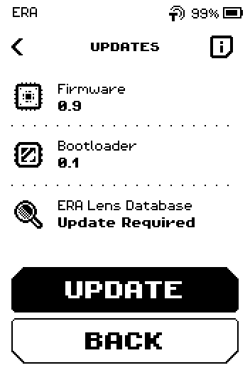 UPDATES page listing Firmware, Bootloader and ERA Lens Database versions with UPDATE button