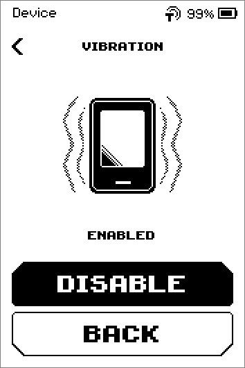 Vibration page toggling between ENABLED with DISABLE button and DISABLED with ENABLE and DONE buttons