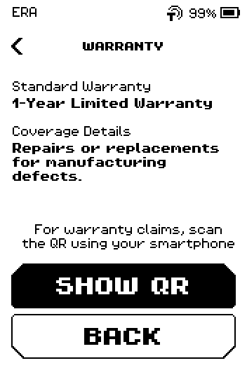 WARRANTY page: 1-Year Limited Warranty, SHOW QR button