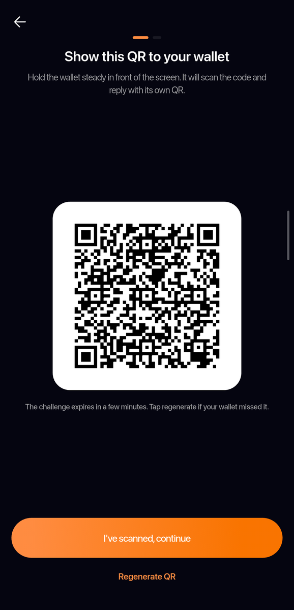 Show this QR to your wallet page with the challenge QR code and the I've scanned, continue button.