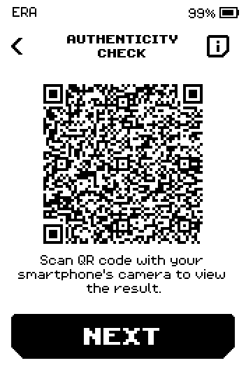 Authenticity check screen showing the device's answer QR code and a Next button.