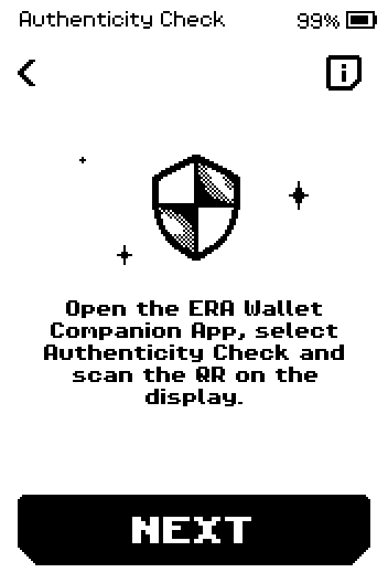 Instruction to open the app, choose Authenticity Check and scan the QR on the display; Next button.