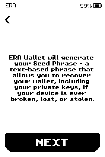 Five intro screens: the seed phrase, paper backups, the encrypted PIN-protected card, its chip, and prepare the cards.