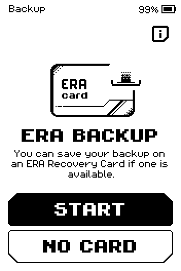 ERA backup screen offering Start and No card, with an i button in the header.