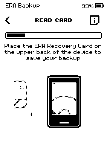 Read card, then Save the backup: place the ERA Recovery Card on the upper back of the device, with a progress bar.