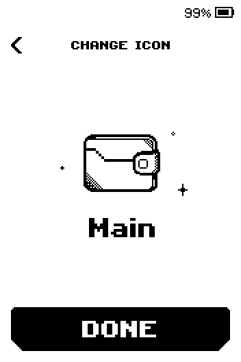 Change icon confirmation showing the chosen wallet icon and the wallet name Main, with a Done button.