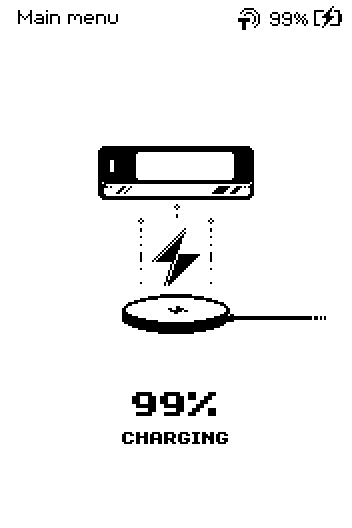 Charging screen: a battery, a lightning bolt over the charging pad, 99% and CHARGING.