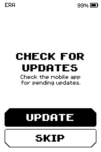 Check for updates screen with Update and Skip buttons.