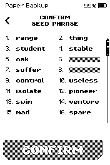 Confirm seed phrase list with words 6 and 8 blanked out.