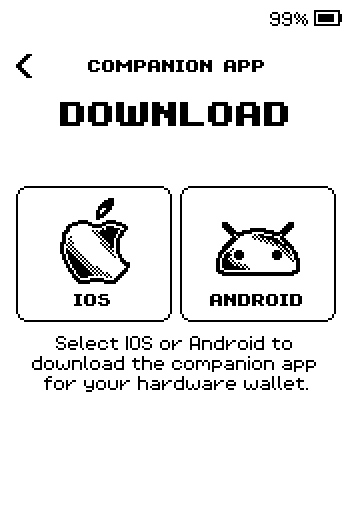 Companion app download screen with iOS and Android tiles.