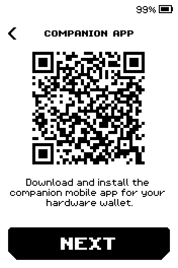 Companion app screen with a store QR code and a Next button.