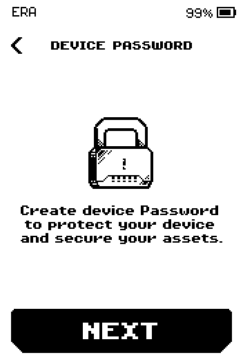 Device password screen with a padlock icon and a Next button.