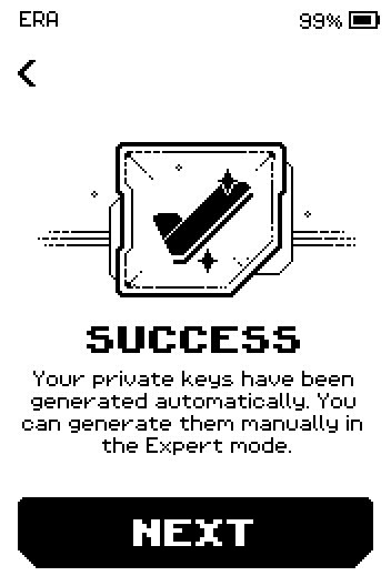 Success screen saying the private keys were generated automatically, with a Next button.