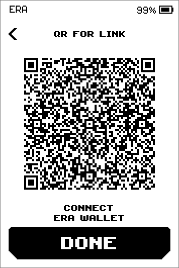 QR for link screen with an animated QR code, the caption Connect ERA Wallet and a Done button.