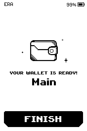 Your wallet is ready screen showing the wallet name Main and a Finish button.