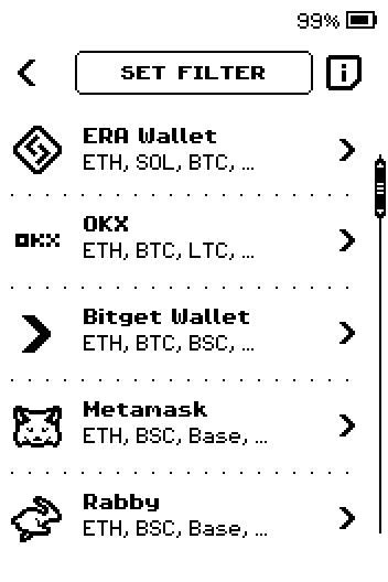 Wallet app list, first page: ERA Wallet, OKX, Bitget Wallet, Metamask, Rabby.