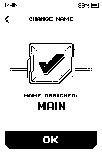 Name assigned confirmation showing the new wallet name and an OK button.