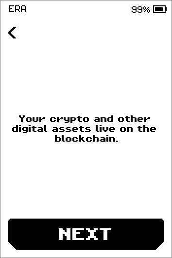 Four intro screens: assets live on the blockchain, private keys control them, ERA keeps the keys safe, ERA reviews and signs transactions; Next button.