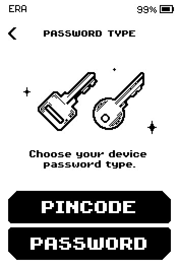 Password type screen offering Pincode and Password.