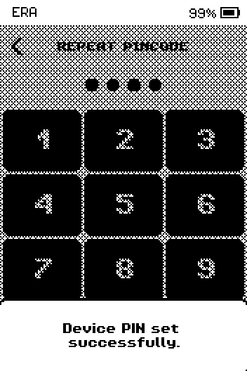 Repeat pincode keypad with the message Device PIN set successfully.