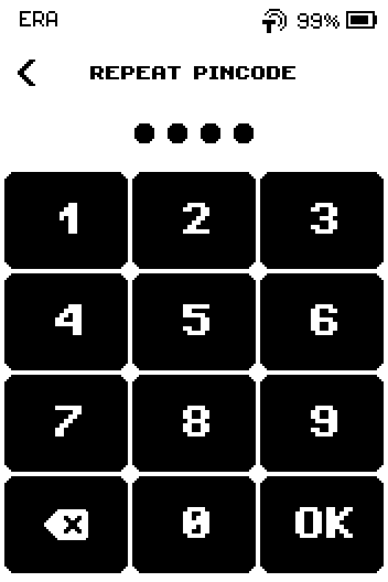 Repeat pincode keypad with four dots entered and an active OK button.